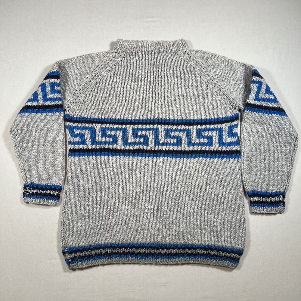 Vintage Hand Knitted Wool Fisherman Sweater Mens L Gray Blue Greek Key Meander